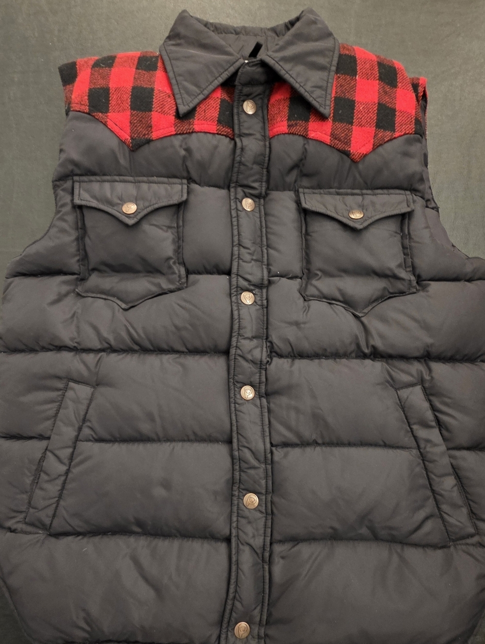 Penfield Down Puffer Vest Mens M Black Red Buffalo Plaid Western Snap
